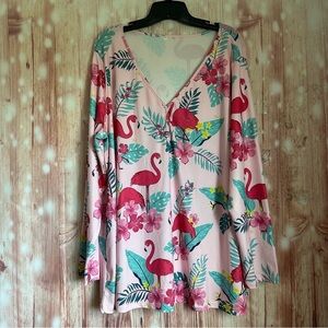 Unbranded Pink Floral Flamingo Print V Neck Ribbed Long Sleeve Top